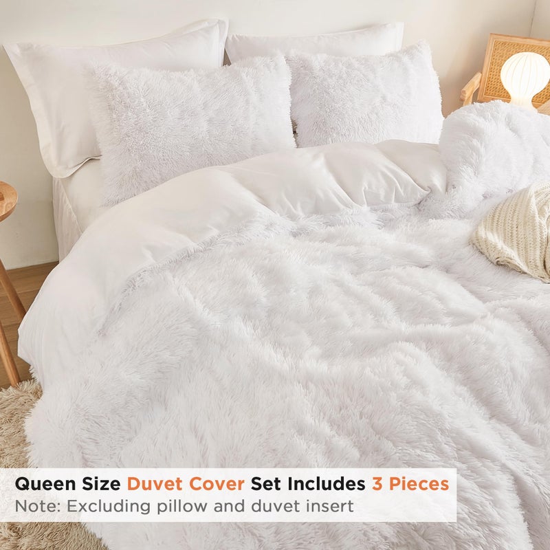 annadaif Plush White Queen Duvet Cover, Fluffy Soft Faux Fur Velvet Comforter Cover, Luxury Fuzzy Shaggy Bedding Sets 3 Pieces(1 Duvet Cover,2 Pillowcases), Zipper Closure - Image 5